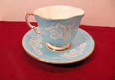 Aynsley Bone China Floral Light Blue Ruffled Edge Square Teacup & Saucer
