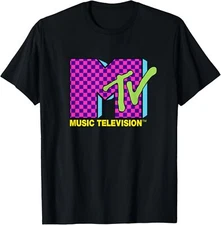 MTV Music Television Retro 80's Neon Pink Checkerboard Logo T-Shirt