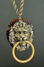 Vintage Huge 3-D Gold Tone LION Head Door Knocker NECKLACE RUNWAY STATEMENT.   E