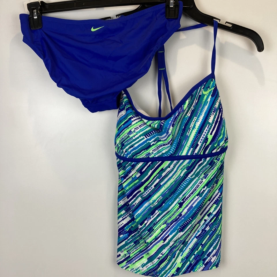 Nike Tankini Traje de Baño Top Bikini Parte Inferior Conjunto Talla 12 Azul Verde Estampado Nylon Foto 2 de 4