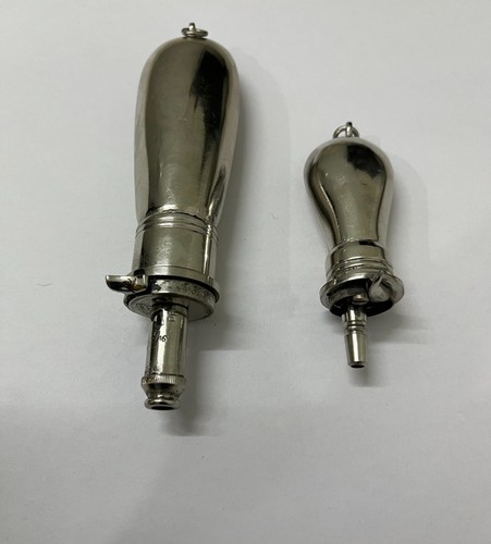 Victorian Style Miniature Brass Nickel Plated Gun Powder Big & Small Pair Bottle - Picture 2 of 10
