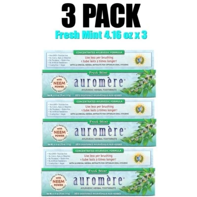 Auromere, Ayurvedic Herbal Toothpaste, Fresh Mint, 3 PACK, 4.16 oz each