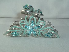 VINTAGE AQUA BLUE RHINESTONE BUTTERFLY FLOWER HAIR CLAW UP DO HAIR ACCESSORY