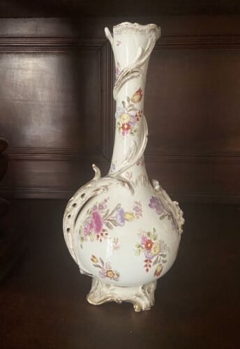 HM Numbered Hand Painted Bone Porcelain Floral Vase 1955 Has Damage - Picture 1 of 20