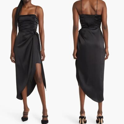 NEW WAYF Black RUCHED BODICE Satin FAUX WRAP Skirt COCKTAIL Night Out MIDI  DRESS