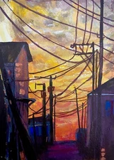 Original Acrylic Landscape Painting Art Of Evening Urban Town On Canvas