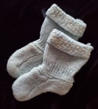 Vintage Knitted Baby/Doll Booties Pair Cream Blue Knit Socks Boy Shower Gift