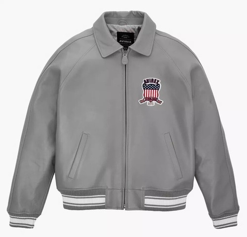 Chaqueta de vuelo americana bombardero real gris Avirex para hombre 100 % cuero real - Imagen 2 de 3