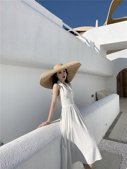 Summer Women Elegant Halter Midi Dress Casual Office Lady One Piece