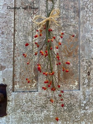 Primitive Farmhouse FALL BITTERSWEET BRANCH Teardrop Swag Orange Berry 30''
