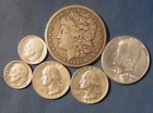 LOT 6 US SILVER COINS 1885 O MORGAN SILVER DOLLAR 1964 KENNEDY HALF $ 2 QUARTERS
