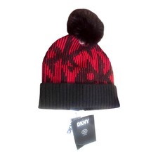 NWT DKNY Chenille Red and Black Logo Knit Hat with Faux Fur Pom OSFM