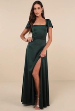 Lulus Dress Womens Medium Emerald Ultimate Sweetness Satin Maxi Flutter Sleeve