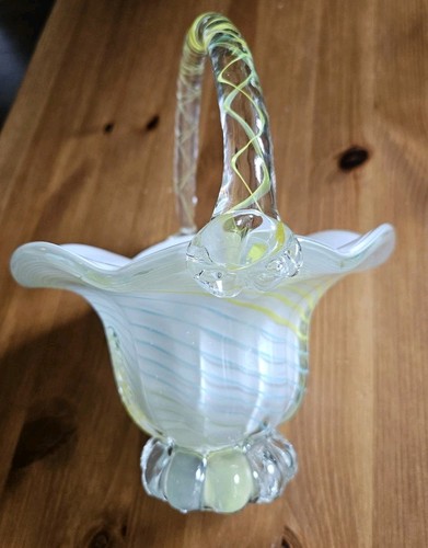 Block Crystal Cut Glass Art Hand Blown & Cut Basket Yellow Blue Green Stripe - Picture 7 of 14