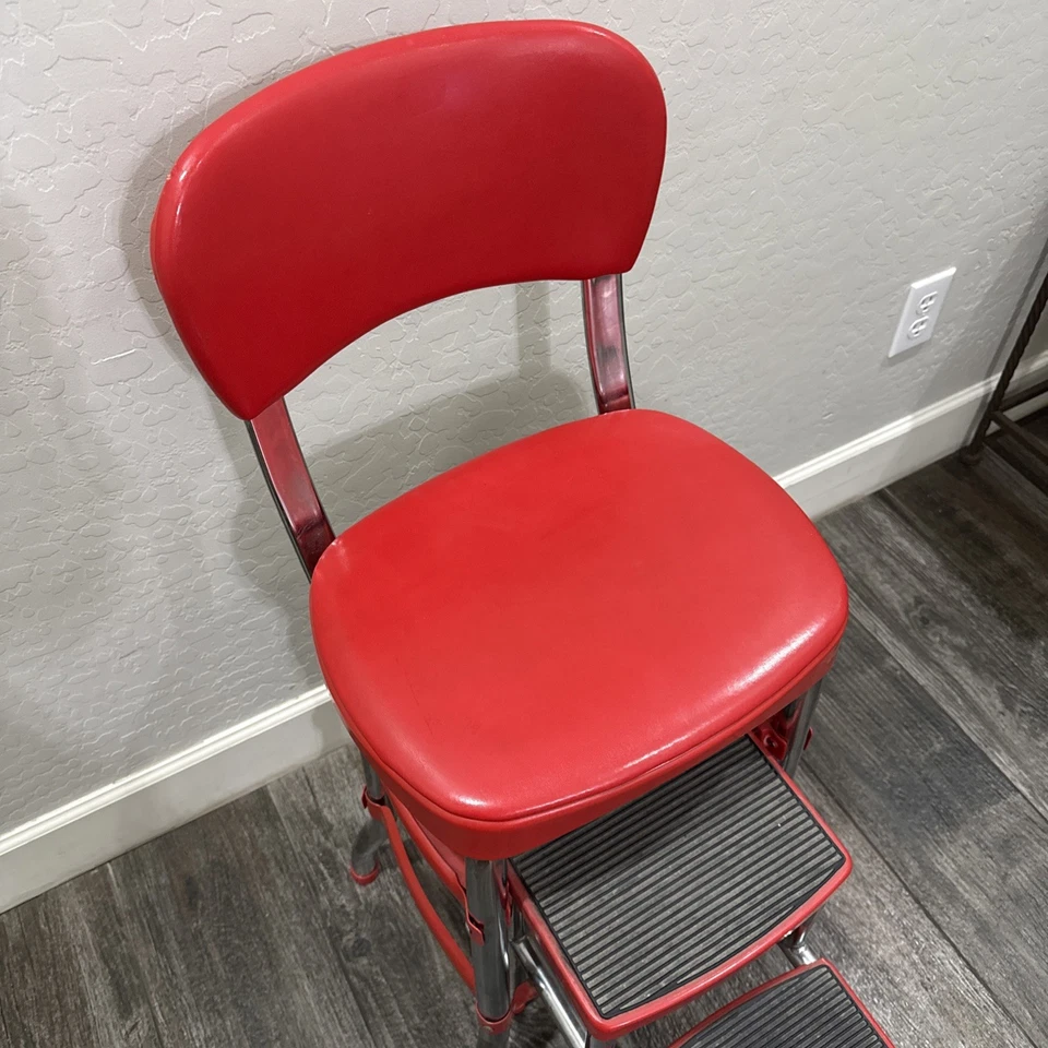 Cosco Retro Counter Chair with Step Stool Sliding Red Vinyl Cushion Non Slip - Image 2 of 4