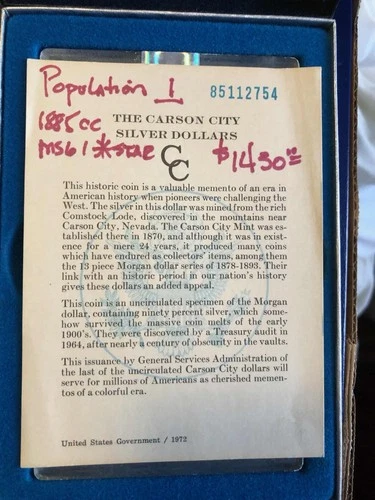 1885 Carson City Silver Dollar COA Certificate GSA MS61