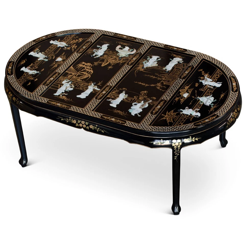 US SELLER - Black Lacquer Mother of Pearl Oval Chinese Dining Set w Six Chairs - Image 2 of 4