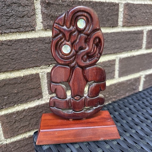 Vintage New Zealand Maori Tiki Teko Hand Carved God Figure Wood Abalone Eyes