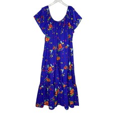 Vintage Hilo Hattie Hawaiian Mumu Dress 3XL Bright Blue Stars Shells Travel