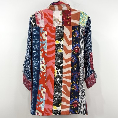 John Mark Patchwork Top L Boho Button Up Wire Collar Cinch Sleeve Art To Wear