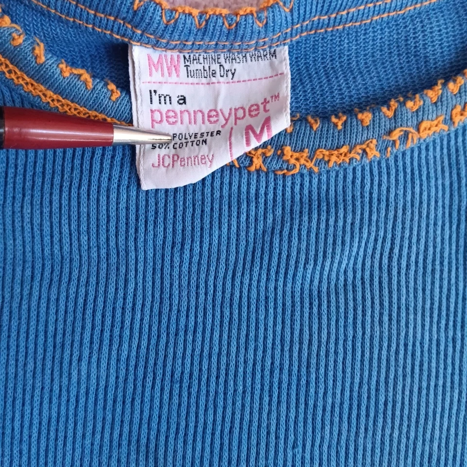 Camiseta Top 5-6 Vintage Años 80 Niñas Thin KNit JC PENNEY AZUL/NARANJA RIBETE Foto 2 de 4