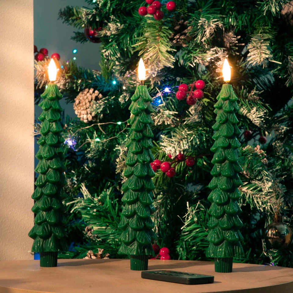 3PCS Christmas Tree Flameless Taper Candles  Green with Remote Timer 3D Wick - Image 2 of 4
