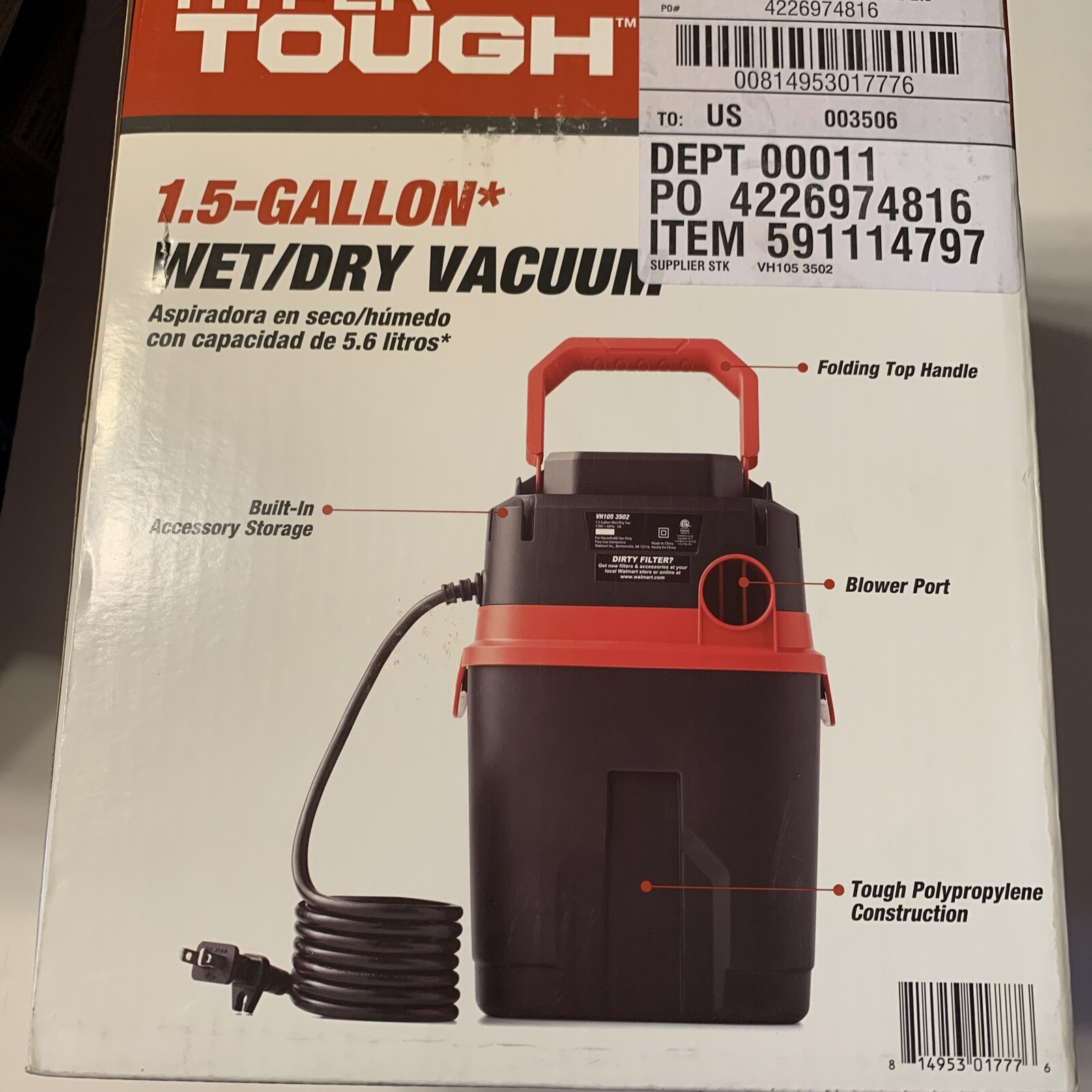 Hypertough Wet Dry Car Vacuum Cleaner 1.5 Gallon 2 HP 60 CFM Shop Vac