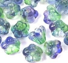 25 Czech Glass Baby Bell Flower Beads - Dual Coated - Blueberry/Green Tea 6x4mm
