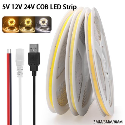3mm 5mm 8mm COB LED Streifen 5V 12V 24V WW/NW/CW Band Leiste Stripe Lichterkette