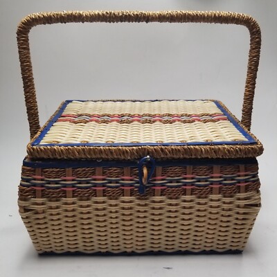 Vintage Wood Plastic Wicker Flip Top Sewing Basket with Blue 