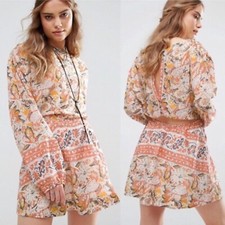 Free People Mini Dress Size XS Sun Printed Long Sleeve Cut Out Back Button