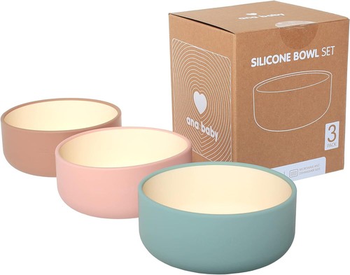 Pack of 3 Silicone Bowls in Pastel Colours, Food Grade Silicone & BPA Free - Afbeelding 1 van 4