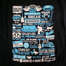 Friends Superfan Collage of Script Key Lines Black Tee, Small