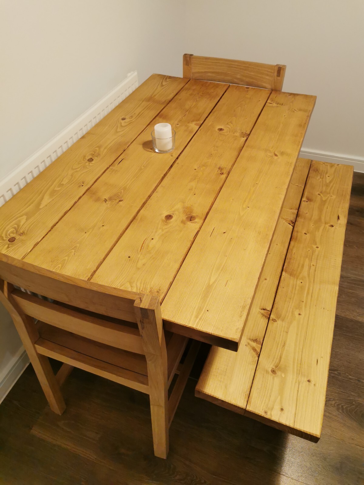 Wooden Kitchen Table, Bench and x2 Chairs Used but in excellent