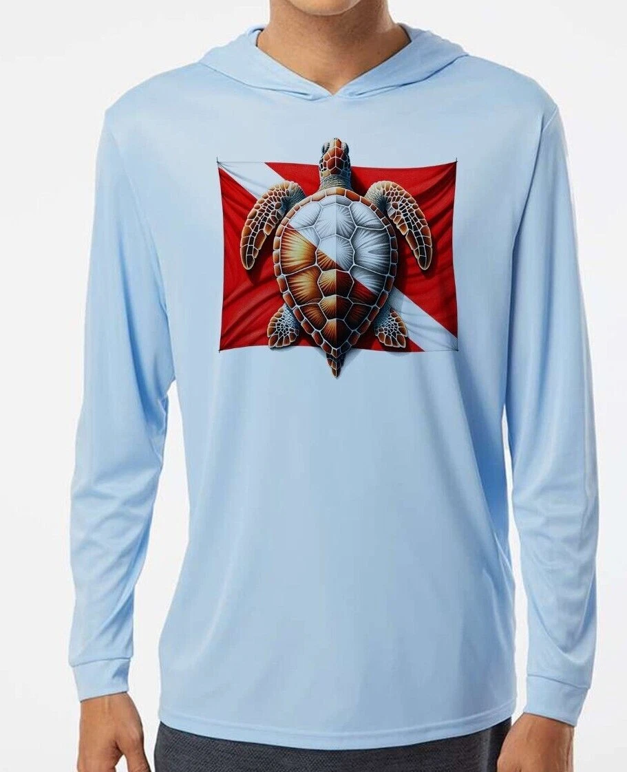 Scuba Diving Diver Flag Sea Turtle UV UPF 50 Long Sleeve T-Shirt Hood Sport