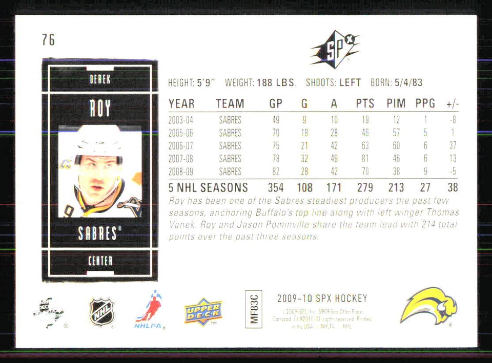 2009-10 SPx #76 Derek Roy Buffalo Sabres - Image 2 of 2