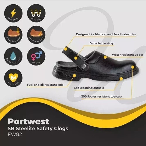 Portwest Steelite Safety Unisex Clog Steel Toecap Work Shoes, Medical , kitchen - Picture 4 of 14