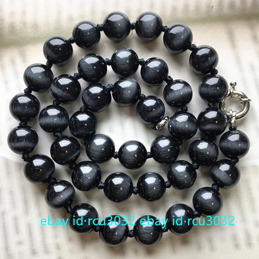 Collar de piedras preciosas cuentas redondas ojo de gato ópalo negro natural de 10/12 mm 20" AAA Foto 2 de 4