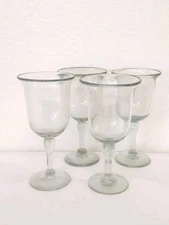 Pottery Barn CASA Water Goblet Hand Blown Clear Green Glass 4 Wine Tall Recycled