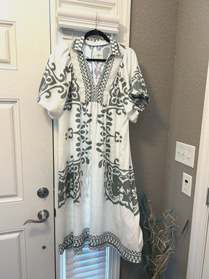 Creme & Sage Umgee Floral Print Dress with Smocked Bodice and Short Puff Sleeves