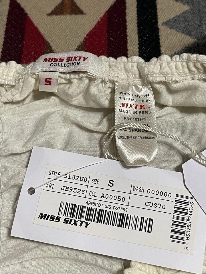 Camiseta para mujer Miss Sixty crema acanalada manga abullonada nueva con etiquetas talla S T44B4 Foto 2 de 4