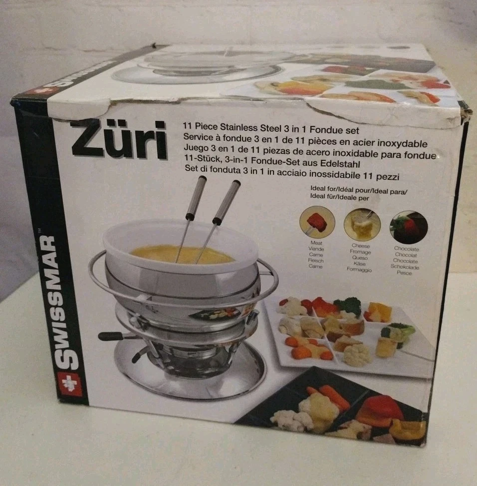 New SWISSMAR Züri 3 In 1 Fondue Set 11 Piece Cheese Dipping Chocolate Dip Meat
Opens in a new window