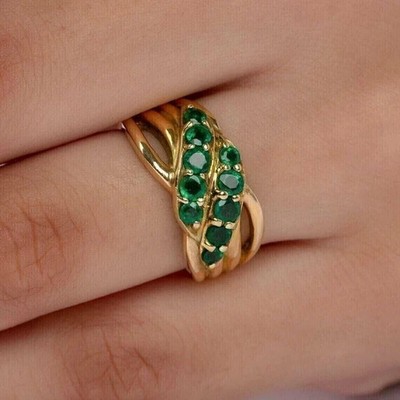 2Ct Round Cut Lab Created Green Emerald Engagement Ring 14K Yellow Gold Plated
