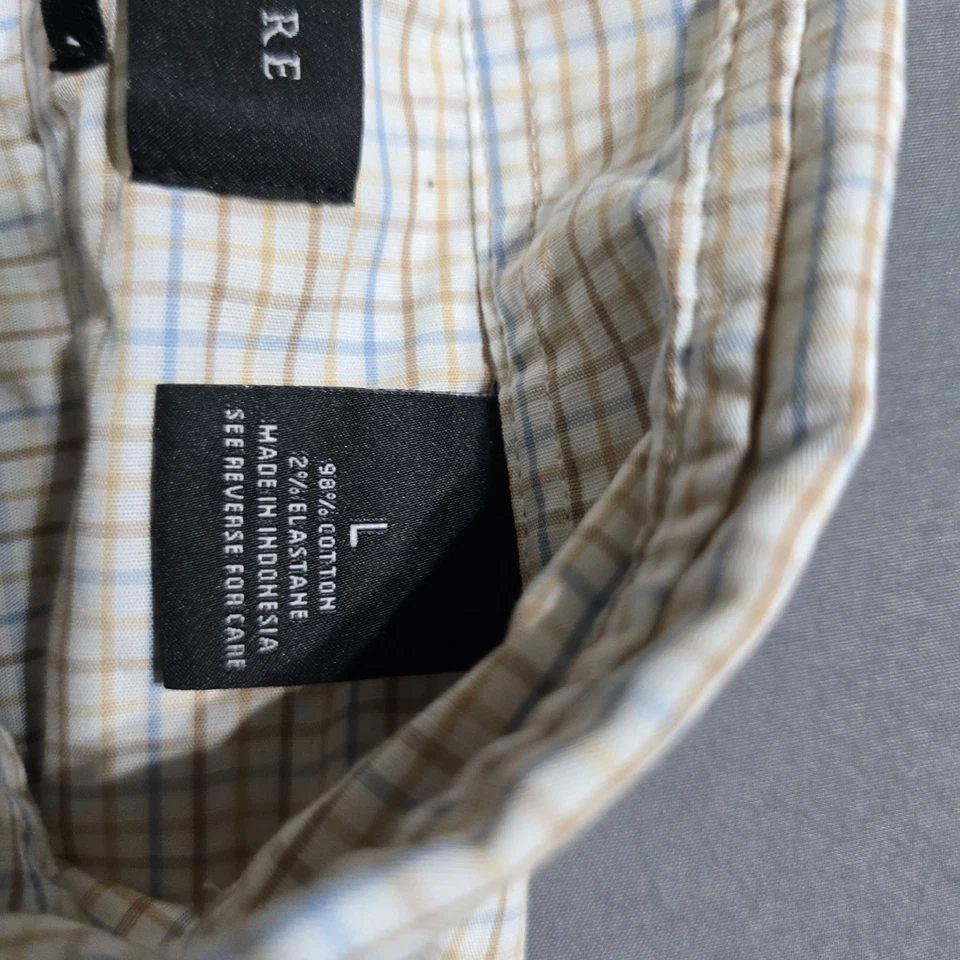 Bloomingdales Plaid Button Down Shirt Mens Store Stretch Slim Fit brown large - Image 4 of 4