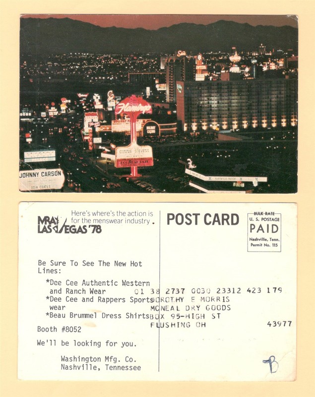 1978 MRA LAS VEGAS MENSWEAR CONVENTION { JOHNNY CARSON / FLAMINGO } POSTCARD
