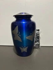 Large Urn For Human Ashes Aluminum Metal Urn 200 Cu In Blue Butterfly Open Box