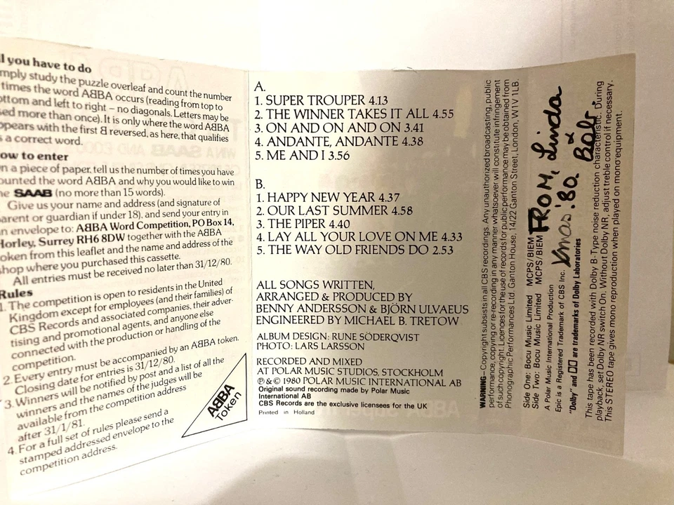 ABBA SUPER TROUPER 1980 UK CASSETTE TAPE, SAAB COMPETITION EDITION - Image 2 of 3