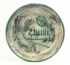 = Mid-Century Norwegian Arol Halden Studio Pottery Plate w Viking Ship & Symbols