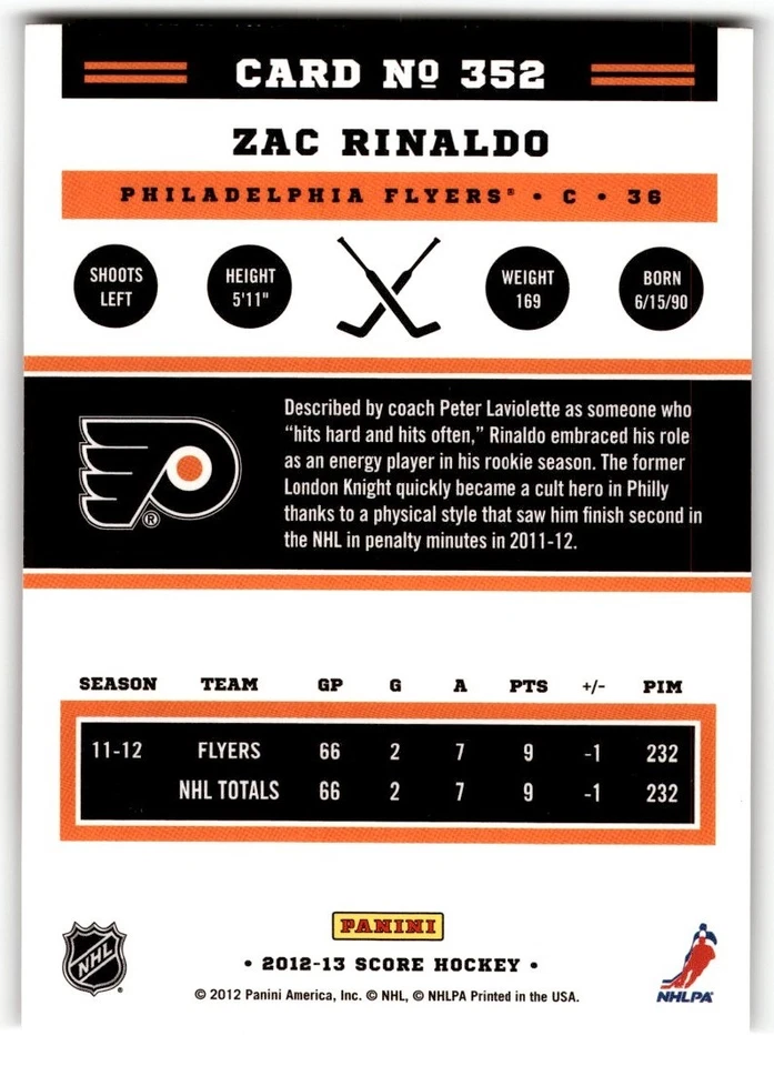 Zac Rinaldo 2012-13 Score Gold Rush #352 Philadelphia Flyers - Image 2 of 2
