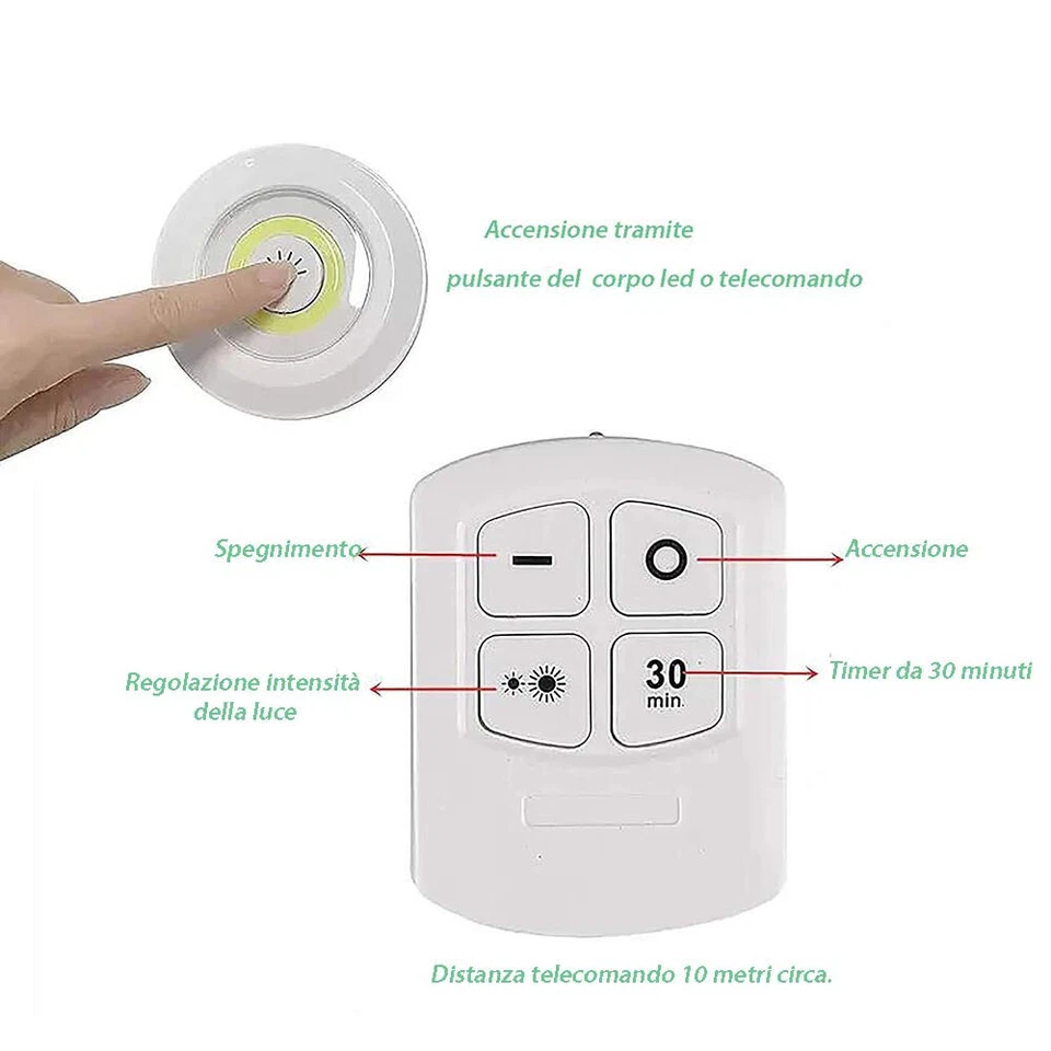Luce led cob per armadio 3pz faretto  batteria a  pressione push con telecomando - Immagine 3 di 4